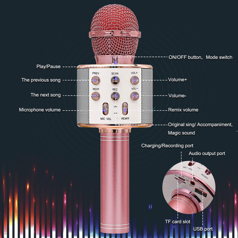 Karaoke Wireless Microphone, Ankuka Bluetooth Microphone Handheld Portable Karaoke Player, Home KTV Player with Record Function, Gift for Kids(Rose gold) Pink