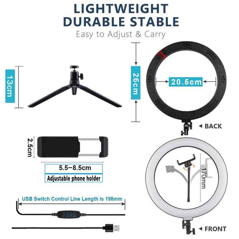 10inch LED Ring Light with Tripod Stand Phone Holder Bluetooth Receiver, Desk Makeup Selfie Ring Light Dimmable 3 Light Modes, 10 Brightness USB Standing Ring Light for Phone Make up Photography with small tripod