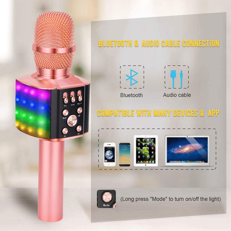 [AUSTRALIA] - BONAOK Wireless Bluetooth Karaoke Microphone with controllable LED Lights, 4 in 1 Portable Karaoke Machine Speaker for Android/iPhone/PC (Rose Gold) Rose Gold 