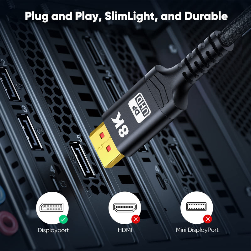 VESA Certified 1.4 DisplayPort Cable 10FT, Capshi 8K DP Cable (8K@60Hz, 4K@144Hz, 1080P@240Hz) HBR3 Support 32.4Gbps, HDCP 2.2, HDR10 FreeSync G-Sync for Gaming Monitor 3090 Graphics PC 10 feet