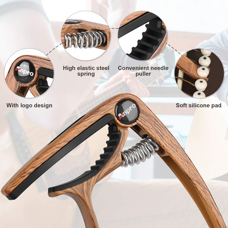 Anpro Guitar Capo with 6 Guitar Picks for Acoustic and Electric Guitar, Ukulele, Mandolin and Banjo, Wood grain