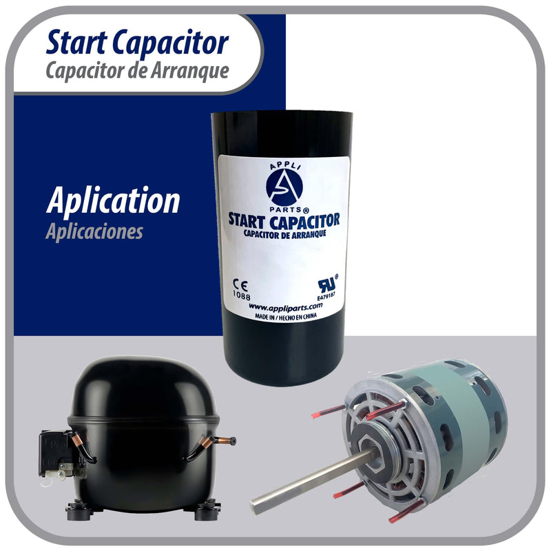 Appli Parts motor start capacitor 216-259 Mfd (microfarads) uF 330VAC universal fit for electric motor applications 1-3/4 in Wide 3-3/8 in Height CON-216-330 330 Vac