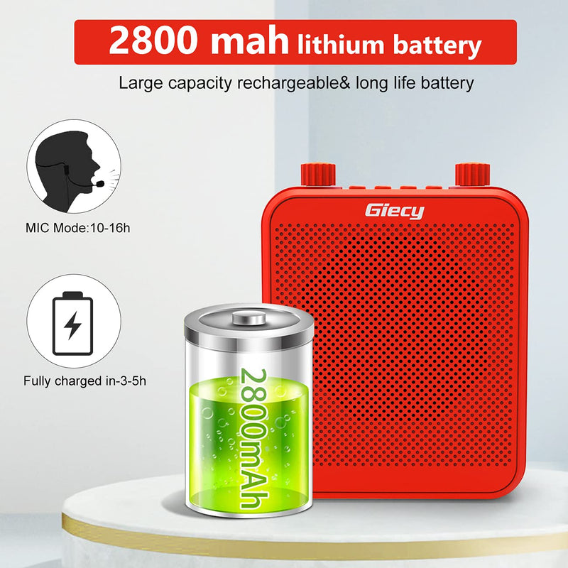 Giecy Portable 30W Voice Amplifiers 2800mAh Large Capacity Rechargeable Battery Bluetooth PA Sytem for Classroom, Meetings and Outdoors (Red voice amplifier 1
