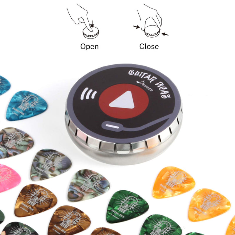 Donner Celluloid Guitar Picks 48 Pieces Includes 4 Thickness, Thin, Medium, Heavy & Extra Heavy Gauges with Tin Box Variety Pack Picks for Bass Electric Acoustic Guitars