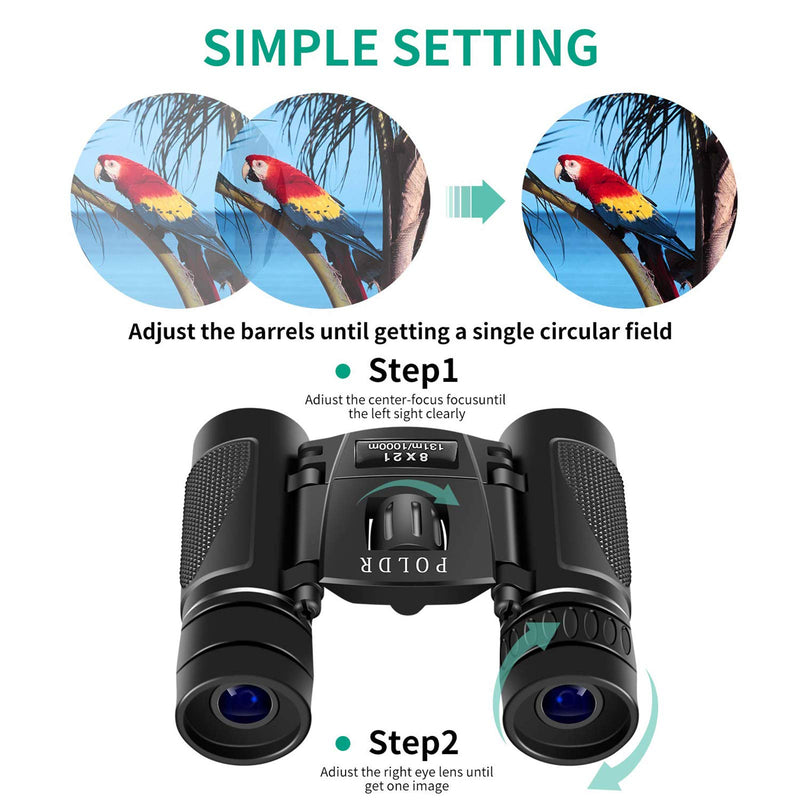 POLDR 8x21 Small Compact Lightweight Binoculars for Adults Kids Bird Watching Traveling Sightseeing.Mini Pocket Folding Binoculars for Concert Theater Opera Black