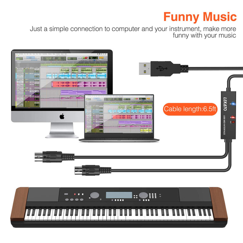 LEKATO MIDI to USB Interface MIDI Cable Adapter, 5-Pin DIN MIDI USB Cable with Input & Output Connecting with Keyboard/Synthesizer for Editing & Recording Track Work with Windows/Mac for Studio-6.5Ft