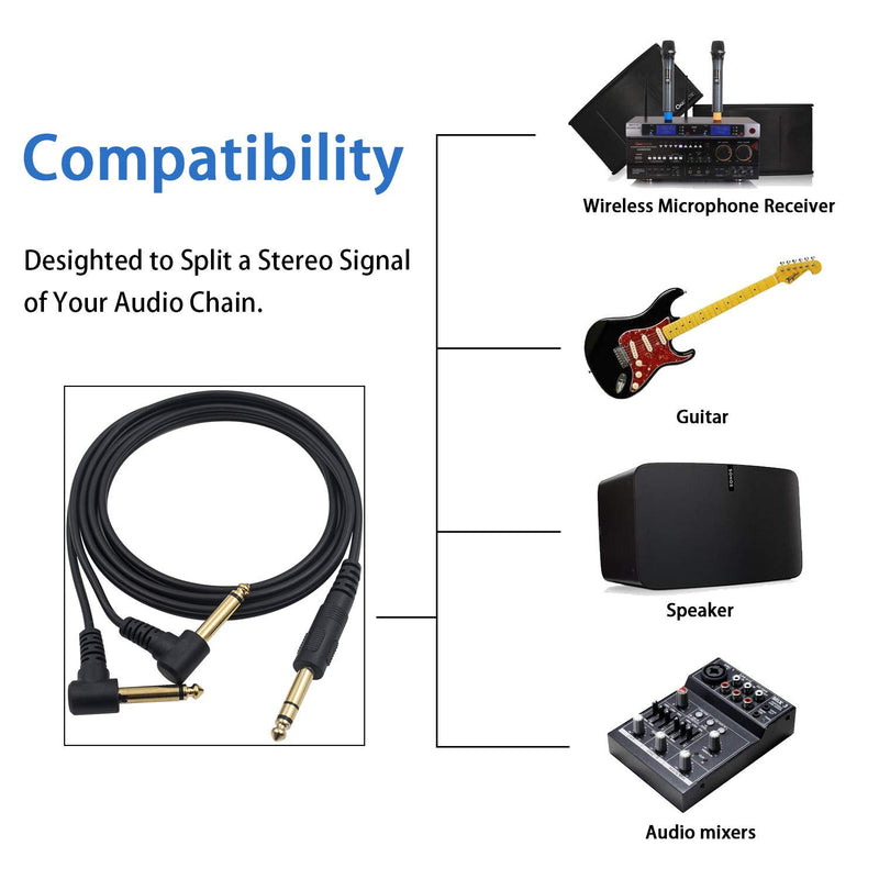 Duttek Guitar Y Cable,5 Feet Gold Plated 6.35mm 1/4" Male TRS Stereo to Dual 2 x 6.35mm 1/4" Male TS Mono 90 Degree Right Angle Y Splitter Audio Cable (635M/2MR)