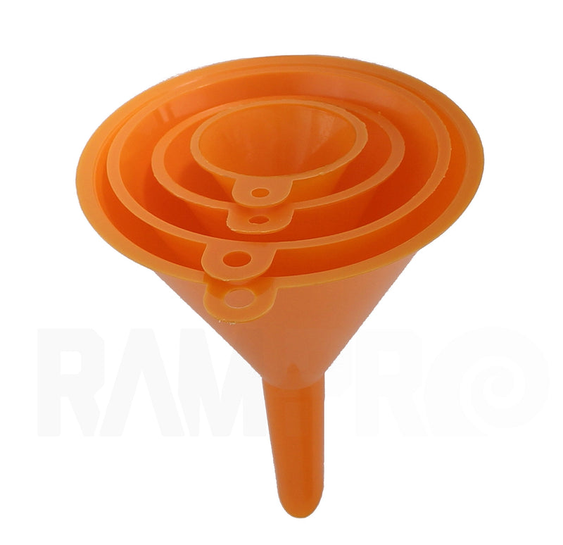 RAM-PRO 4-Piece All Purpose Wide-Mouth Bright Orange Plastic Funnel Set for Quick and Clean Transferring Liquids, Dry Goods, Between Pitchers, Bottles, Cans and Containers