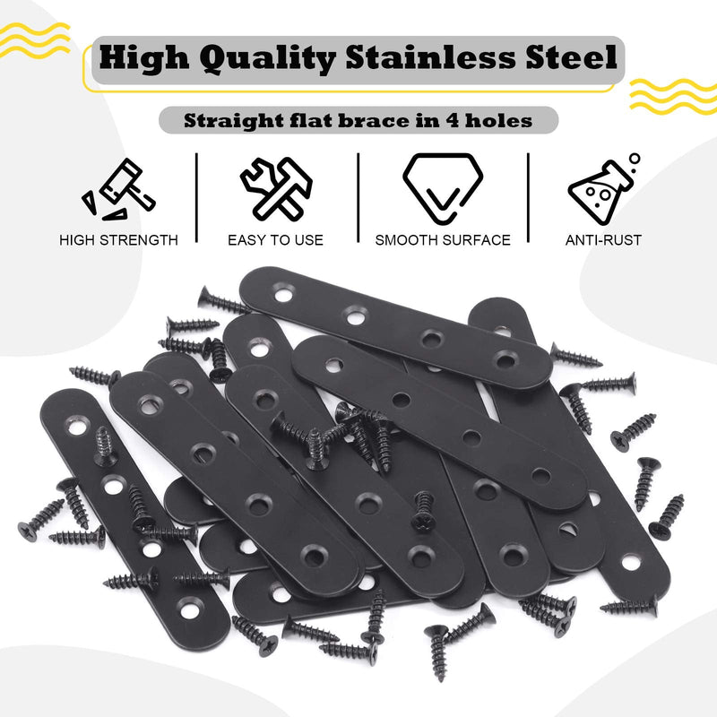 Hilitchi Straight Bracket Stainless Steel Black Straight Corner Braces Straight Flat Brace Mending Repair Flat Plates with Screw (100mm, 15 Pack) 100MM