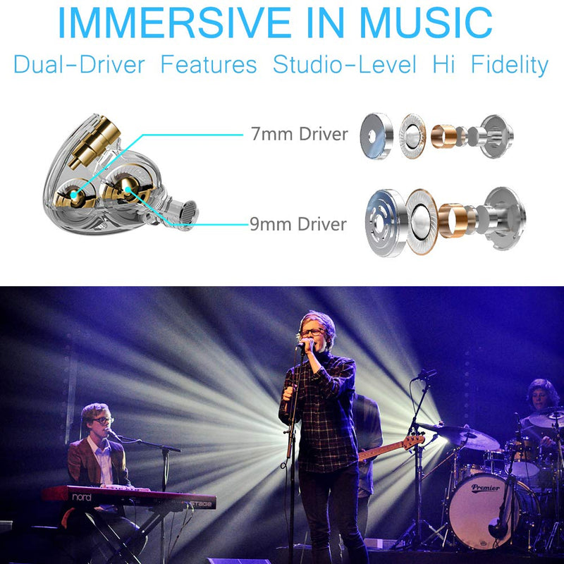 GranVela A12 Dual Driver Musician's in Ear Monitors Earbuds with Detachable Cables,Over Ear Memory Wire and 3.5mm TSR Jack (No Mic)