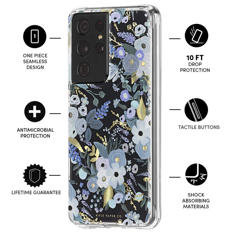 Rifle Paper Co - Case for Samsung Galaxy S21 Ultra 5G - 10 ft Drop Protection - Gold Foil Elements - 6.8 inch - Garden Party Blue