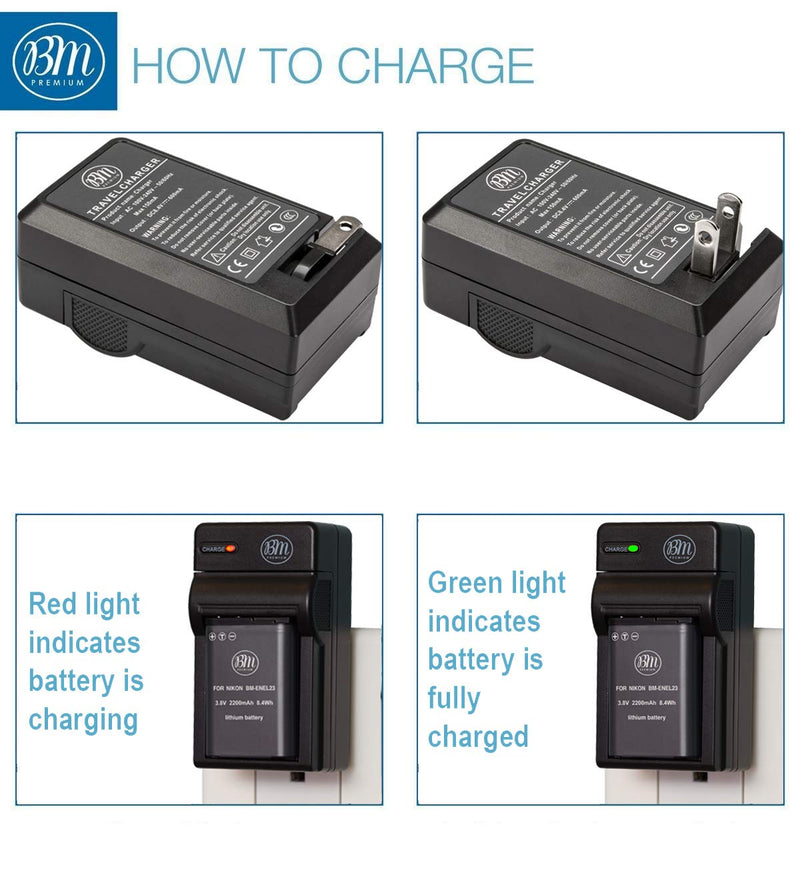 BM Premium 2 Pack of EN-EL23 Batteries and Battery Charger for Nikon Coolpix B700, P900, P600, P610, S810c Digital Camera