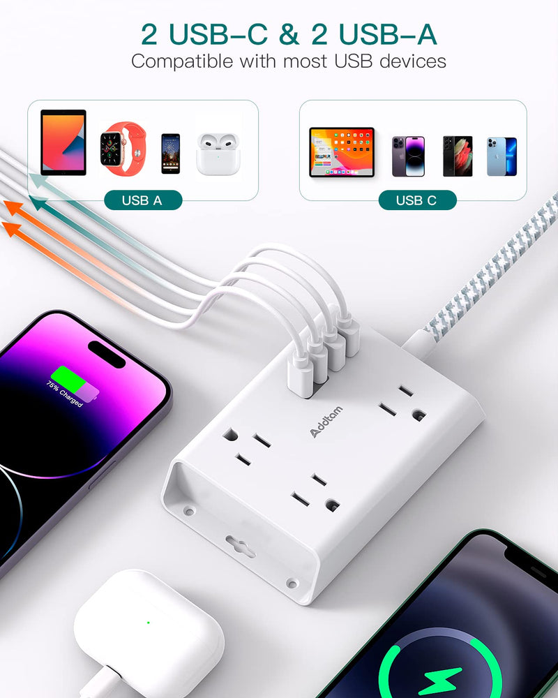 Cruise Ship Essentials - Travel Flat Plug Power Strip, Flat Extension Cord with 3 Widely Outlets and 4 USB Ports (2 USB C) Desktop Charging Station, Home Dorm Room Essentials