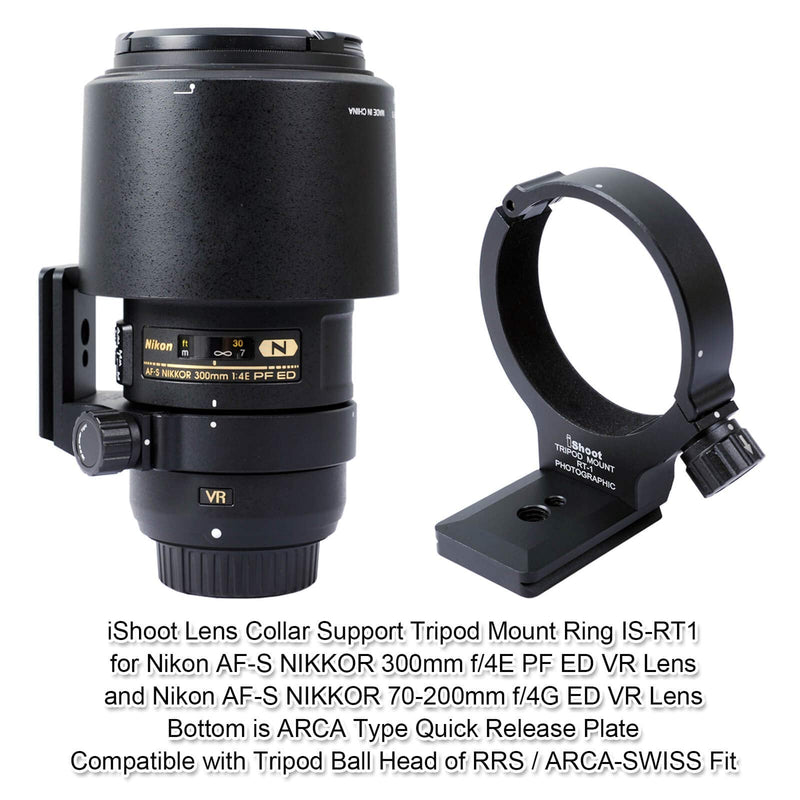 iShoot Improved Lens Collar Tripod Mount Ring for Nikon RT-1 Nikkor AF-S 300mm F/4E PF ED VR & AF-S 70-200mm F/4G ED VR, Bottom Quick Release Plate Feature Compatible with Arca-Swiss 39mm Fit Ballhead