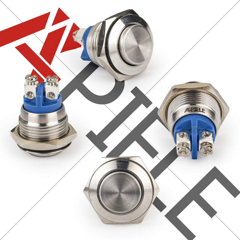 APIELE 16mm Momentary Push Button Switch High Round Cap Waterproof Stainless Steel High Flush Screw Terminals 250V AC 5A 12V 36V DC 2A 1NO SPST Silver