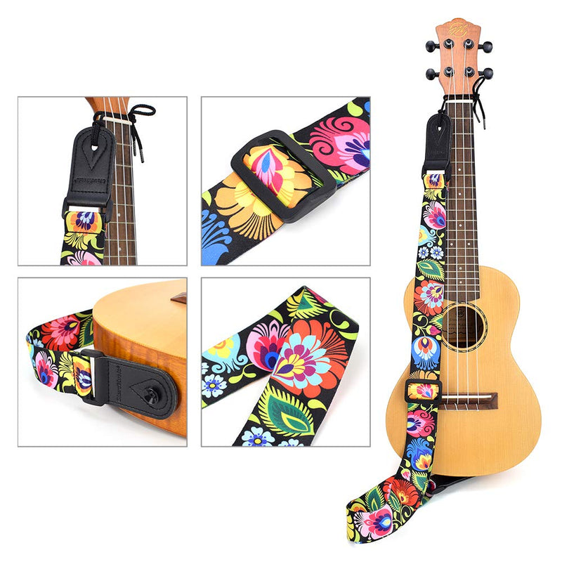 CLOUDMUSIC Peacock Floral Ukulele Strap With Microfiber Leather Heads For Soprano Concert Tenor Baritone String Instruments (black) black
