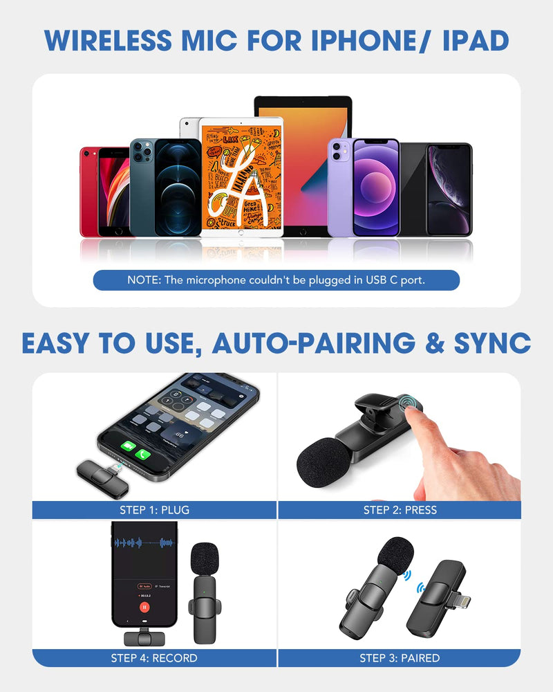 [AUSTRALIA] - Wireless Lavalier Microphone for iPad Mini Clip-on Microphone for iPhone Video Recording Denoise Omni Lav Lapel Mic for Interview/Youtube/Vlog/Live Streaming/Tiktok/Content Creator 