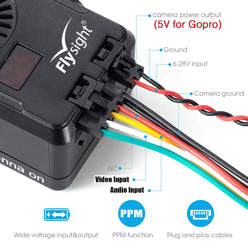 Flysight Black Mamba Audio Video Transmitter 5.8 ghz 40CH FPV Vtx for Gopro FPV Drone Video Transmitter 5V Output (RPSMA ANT 5V Out for Gopro) 5.8G Vtx fixed 5V output