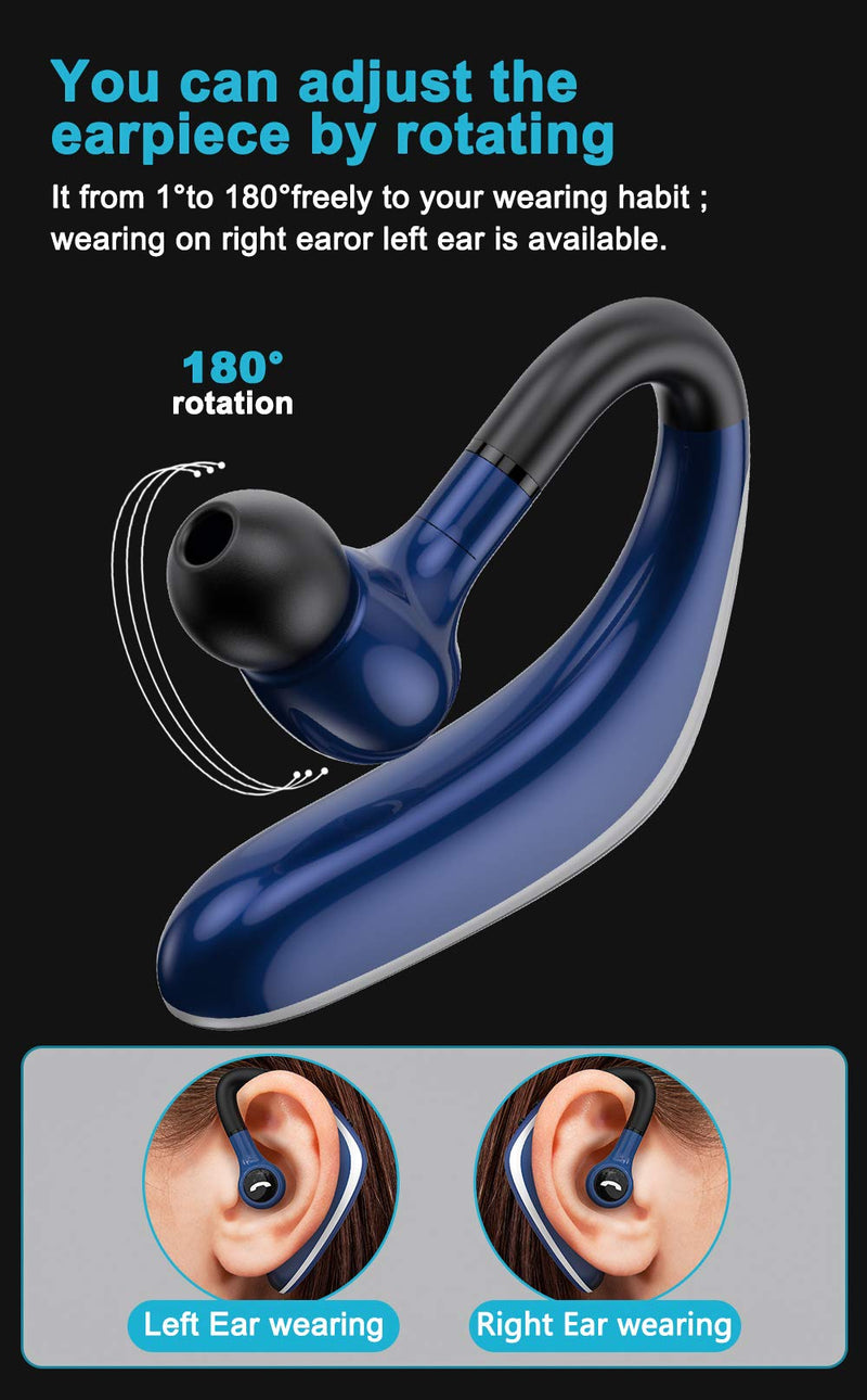 Bluetooth Headset V5.0 Wireless Bluetooth Earpiece 19 Hrs Talktime, 200 Hrs Standby Time Hands-Free Earphones with Waterproof, Noise Cancellation for Driving Compatible with iPhone and Android (Blue) Blue