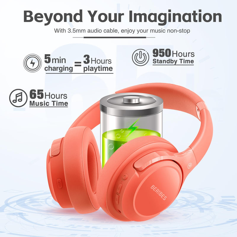 Bluetooth Headphones Over Ear,BERIBES 65H Playtime and 6 EQ Music Modes Wireless Headphones with Microphone,HiFi Stereo Foldable Lightweight Headset, Deep Bass for Home Office Outdoors Etc(Orange Red) Orange Red