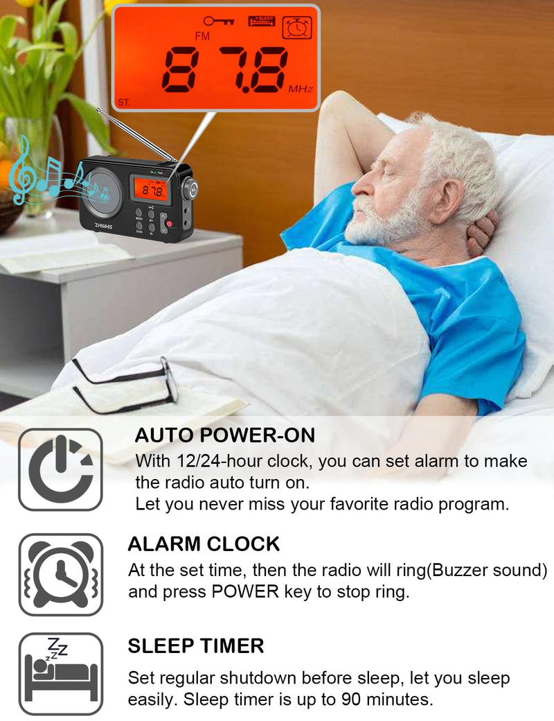 [AUSTRALIA] - ZHIWHIS Portable Radio, AM FM Shortwave Digital Tuner with Best Reception, Battery Operated Clock Radios with Sleep Timer and Preset Function, Stereo Receiver with Alarm Clock for Home ZWS-8801 Black 
