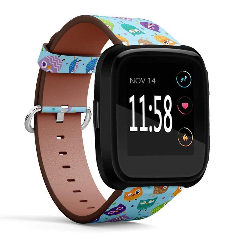 Compatible with Fitbit Versa/Versa 2 / Versa LITE - Leather Watch Wrist Band Strap Bracelet with Quick-Release Pins (Cute Owl)