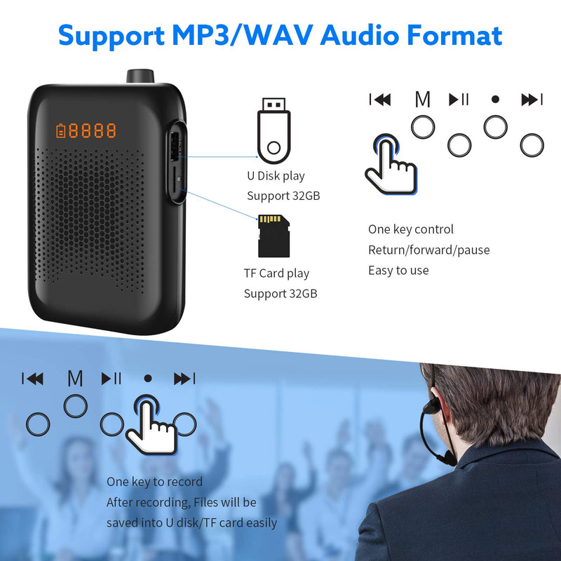 20W Voice Amplifier Portable Mini with Sound-amplifying, Music Playing, Wired Microphone Headset, and Waistband, 2000mAh Battery, for Classroom, Meetings and Outdoors, Teachers, Tour Guide