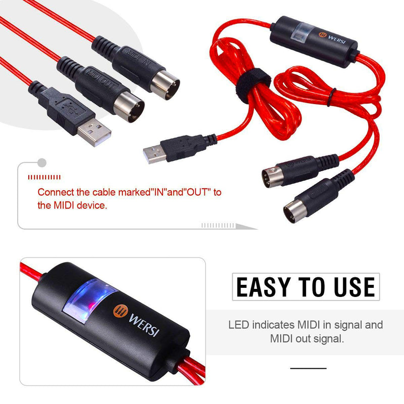 [AUSTRALIA] - USB MIDI cable Interface midi to USB IN-OUT Cable Converter for Mac PC Laptop to Music Piano keyboard 6.5Ft red 