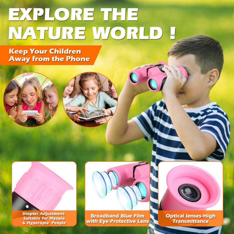 Compact Mini Binoculars for Kids – 8x21 Zoom Kids Binoculars Toy Gift Shock Proof for 3-15 Years Old Boys Girls Bird Watching Sporting Events Children Best Present (Pink)