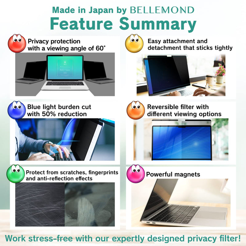 BELLEMOND - Magnetic Privacy Screen for MacBook Air 13.6” 2022 M2 - Removable & Reversible Anti-Slip Laptop Filter with Anti Glare & Blue Light Reduction - Made in Japan - 1PC - W22MBA136PRMG MacBook Air 13.6 Inch (2022, M2)