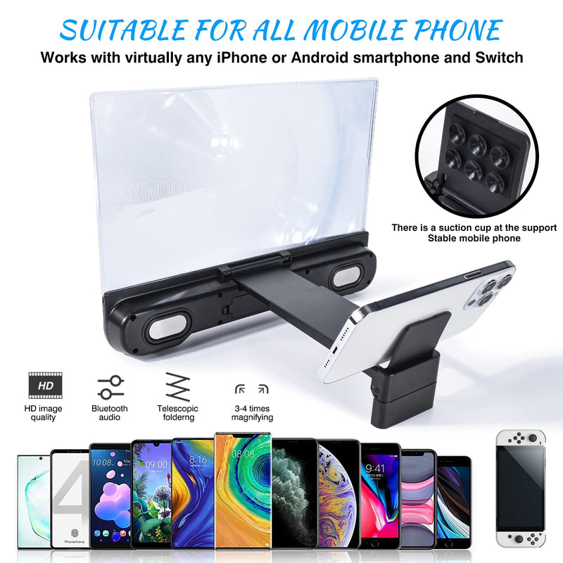 14 inch Phone Screen Magnifier with Bluetooth Speaker,Mobile Phone Screen Amplifier with 2-in-1 Foldable Stretch Stand Holder Portable 3D Screen Magnifying Glass for All Smartphones(Black)