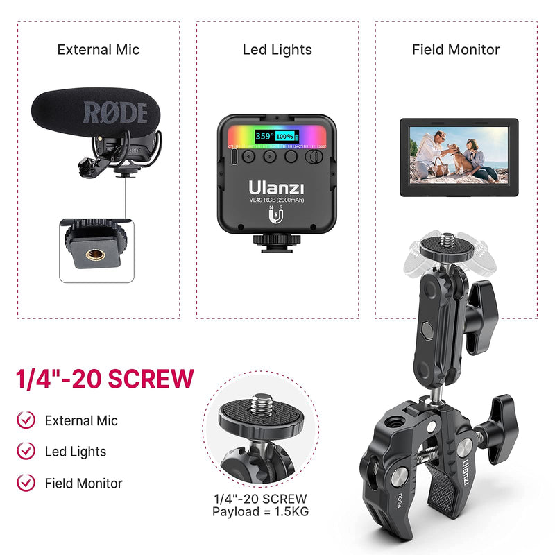 ULANZI Super Clamp Camera Clamp Mount Monitor 360° Ballhead Magic Arm Double Ball Head Adapter with 1/4"-20 & 3/8"-16 Thread for Canon Nikon DSLR Camera/Gopro/LED Lights/Ronin-M/Ronin MX/Freefly MOVI Gopro Adapter Kit