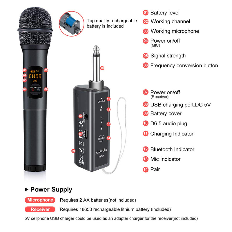 [AUSTRALIA] - Wireless Microphone, 10 Channel UHF Wireless Bluetooth Microphone System, Dynamic Handheld Cordless Mic with Rechargeable Receiver for Karaoke/Singing/Church/Speech (100ft Range, Work 10hrs) 