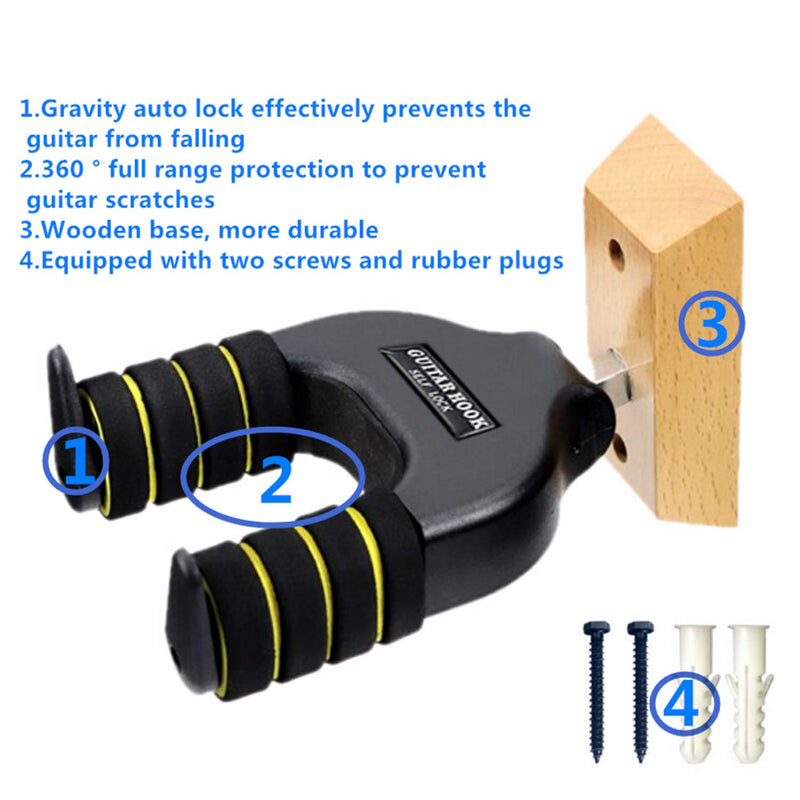 Miwayer Guitar Wall Mount,Auto Lock Guitar Wall Hanger Wooden Base Safe Against Vibration For Acoustic, Electric, Classical, Bass 1 pac