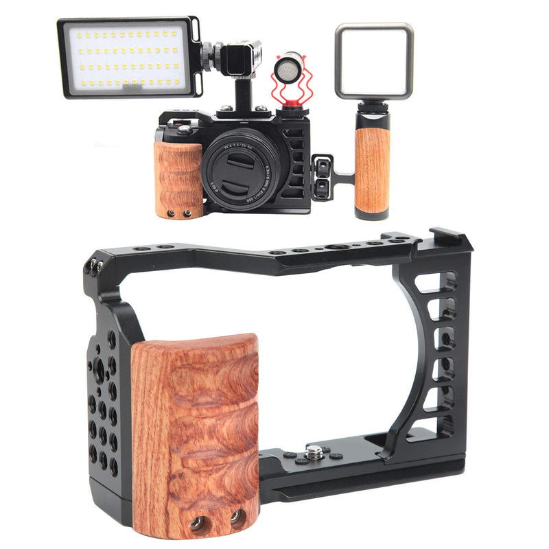 Vlog Camera Cage for Sony A7C, Camera Video Stabilizer Shooting Cage Kit with Wooden Handle Grip, with 1/4in & 3/8in Screw Hole and Cold Shoe Mount