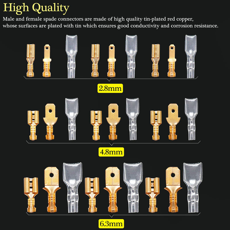 Twidec/360Pcs 2.8/4.8/6.3mm Quick Splice Male and Female Wire Spade Connector Crimp Terminal Block Assortment Kit Golden with Insulating Sleeve for Electrical Wiring Car Audio Speaker N-002 360PCS