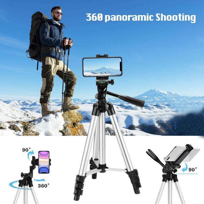 Phone Tripod,VOSSCOSS 42 Inch Aluminum 360 Lightweight Travelling Tripod Portable Camera Tripod for iPhone, Smartphone, DSLR Camera Stand with Phone Mount & Bluetooth Wireless Remote Control - Silver White