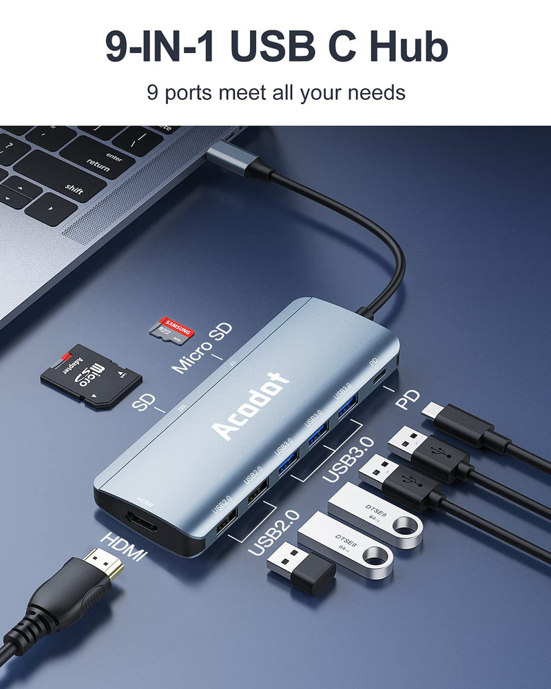 USB C Hub, Acodot 9-in-1 USB C Dongle, All-in-One USB C Hub Multiport Adapter with 3 x USB 3.0 ports, 4K HDMI, 100W Power Delivery, MicroSD/SD Card Reader for MacBook Air, MacBook Pro, XPS and More