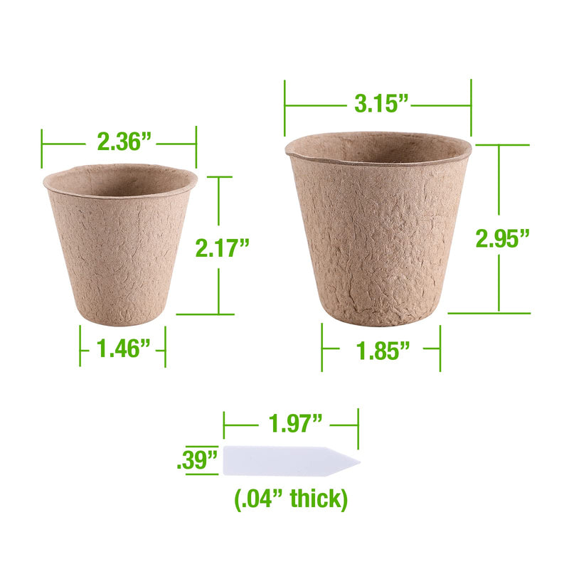 Peat Pots Seed Starter Pack of 50, Biodegradable for Plant Seedling to Transplant (25 Small Pots 2.17", 25 Large Pots 2.95" Plus 10 Plant Markers)