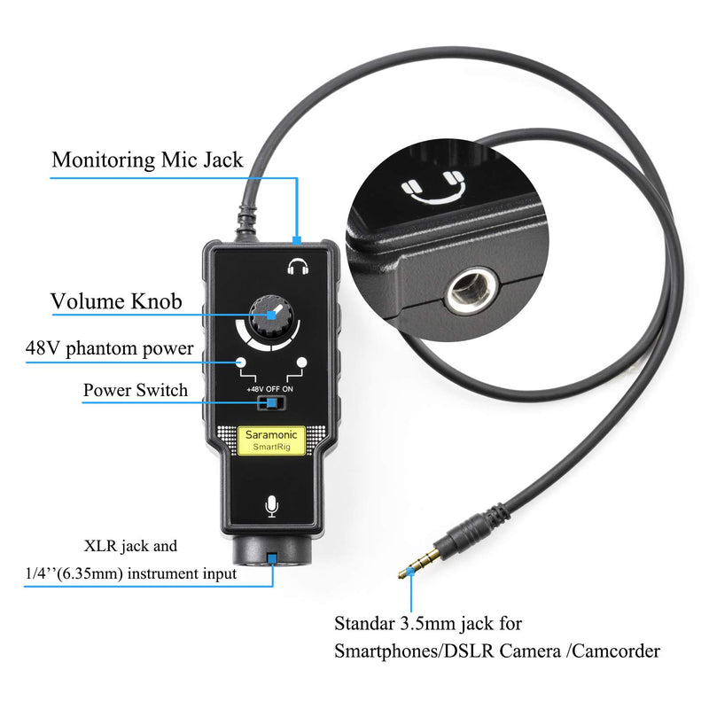 [AUSTRALIA] - Upgrade XLR Microphone & 6.3mm Saramonic SmartRig II Guitar Adapter with Phantom Power Preamp Amplifier for iPhone, iPad iPod, Android Smartphone 3.5mm Connector 