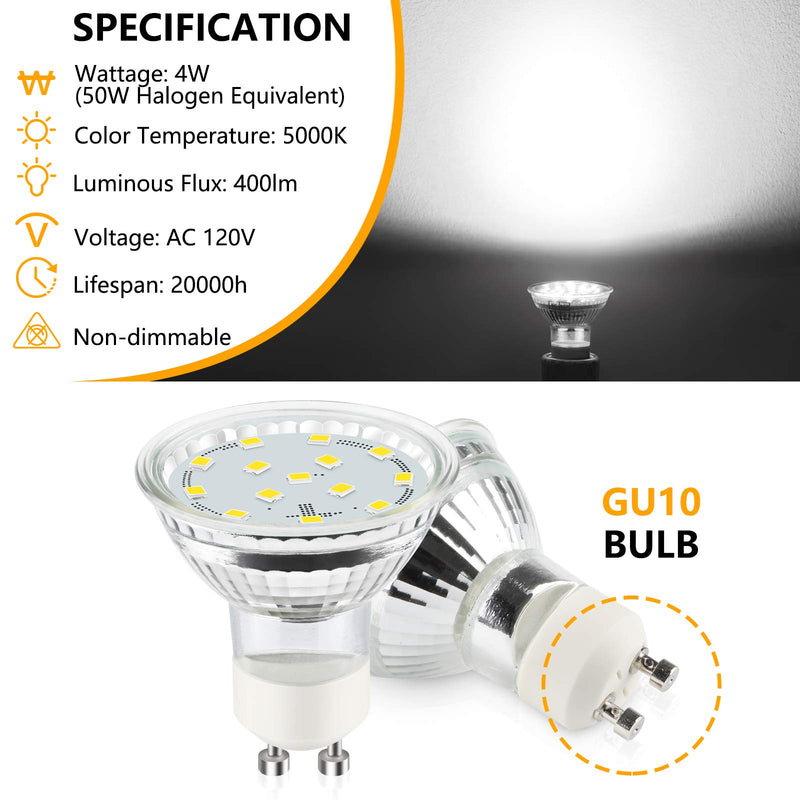 Unicozin GU10 LED Light Bulbs, 4W 400LM, 50W Halogen Bulbs Equivalent, 5000K Daylight White, Non-Dimmable, LED Bulbs for Track Lighting, GU10 Base, Pack of 4