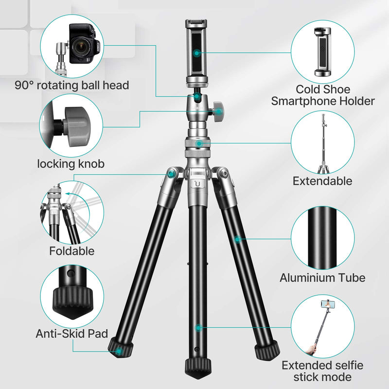58.5" Camera Tripod, Extendable Smartphone Tripod Stand w Phone Holder for iPhone/Most Cell Phones Travel Vlogging Livestreaming Compact Portable Monopod Compatible with Sony Nikon Canon Camera DSLR