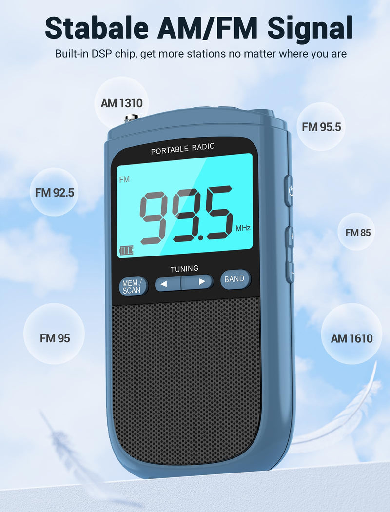 Portable Radio AM/FM with Speaker,Mini Transistor Pocket Radio with LCD Display, Digital Radio Stereo Earphone,Walkman Radio with 900mAh Rechargeable Battery,Best Reception Radio for Walking(Blue)