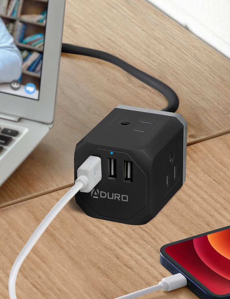 Aduro PowerUp Square Multiple Plugs & USB Power Strip with 3 USB Ports + 3 AC Plug Outlets, Black/Grey