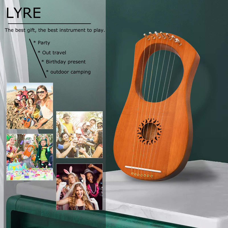 Lyre Harp Instrument, 7 Metal String Mahogany Lyre Instrument Kit With Tuning Wrench Cleaning Cloth and Black Carry Bag