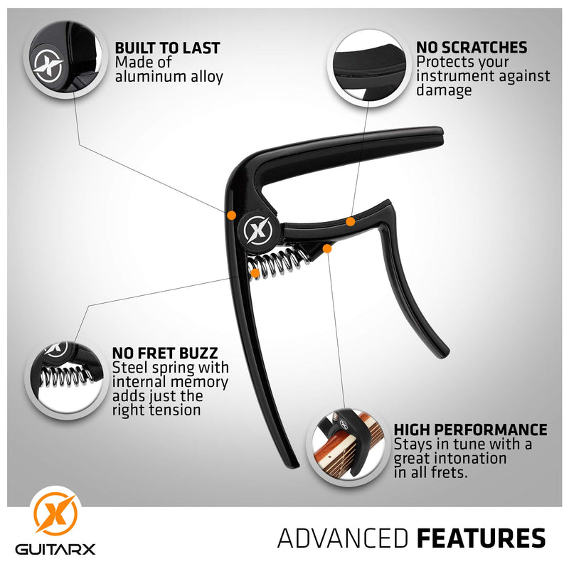 GUITARX X2 Capo for Acoustic Guitar, Electric Guitar Capo - Also For Bass, Ukulele, Banjo and Mandolin - #1 Brand Among Guitar Capos - Aluminum Alloy, Glossy Black