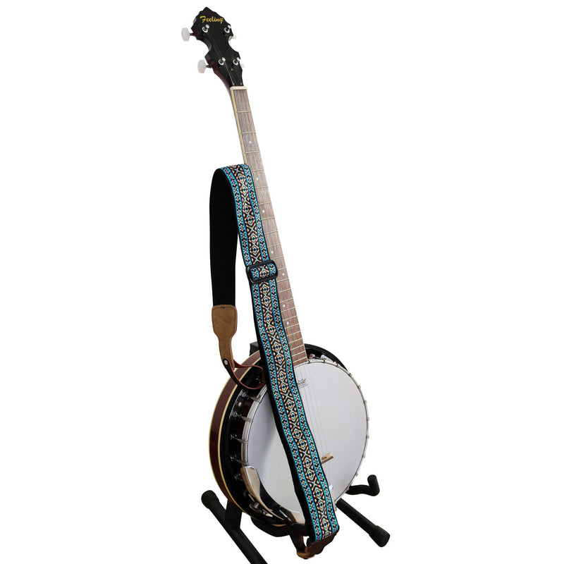MUSIC FIRST Original Design, 2 inch width (5cm), Colorful Meshbelt & Genuine Leather Delux Banjo Strap, With 2 pieces of MUSIC FIRST Leather Strap Locker. (Blue Country Style) Blue Country Style