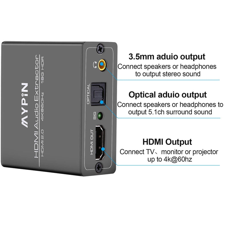 4K@60Hz HDMI Video Audio Extractor Splitter, HDR HDMI to HDMI Audio Converter Support Ultra 4K HDMI Video Output/Toslink Optical Audio Output and 3.5mm Audio