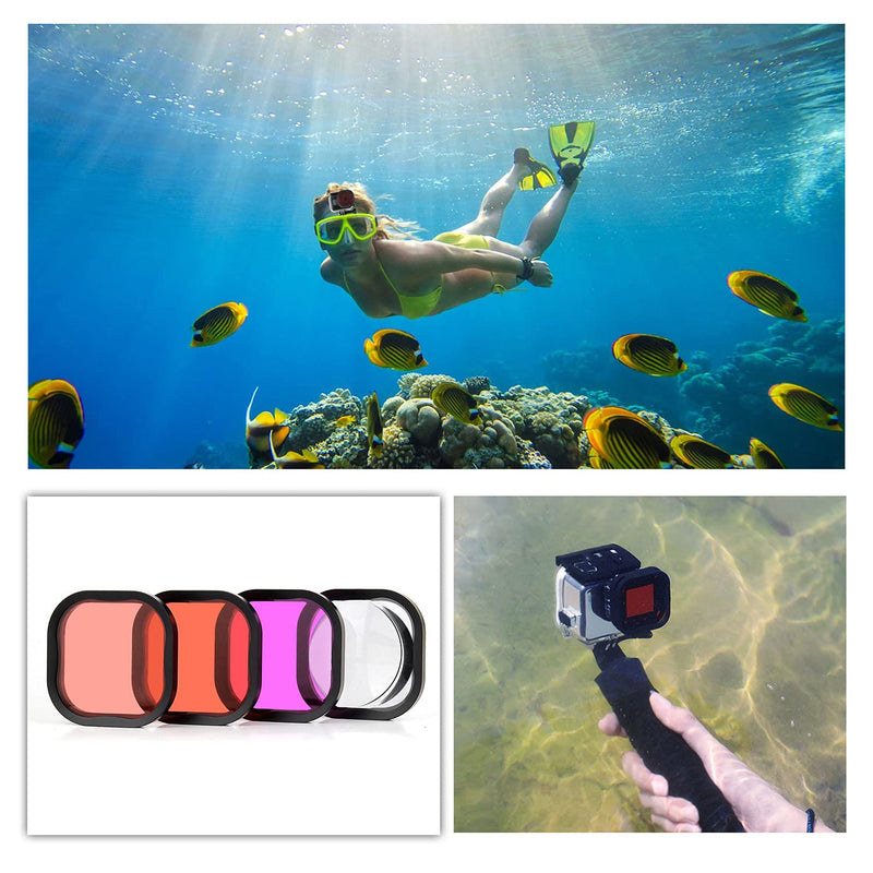 SOONSUN Waterproof Housing Case for GoPro Hero 8 Black with 4-Pack Diving Filter - 60M Underwater Diving Housing Built-in Dual Cold Shoe Slots with Red, Light Red, Magenta and 5X Macro Filter Waterproof Housing with Filters for HERO8 Black