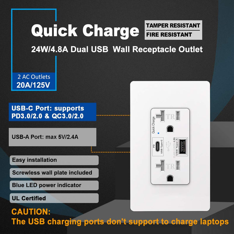 (2 Pack) CML Quick Charge USB C Receptacle Outlet, PD 3.0 / QC 3.0, Up to 24W, 20A Tamper Resistant Plug, 3-Year Warranty, UL Listed
